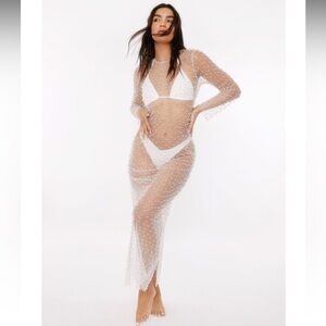 Nasty Gal Pearl Mesh Long Sleeve Maxi Cover Up Dress White NWT